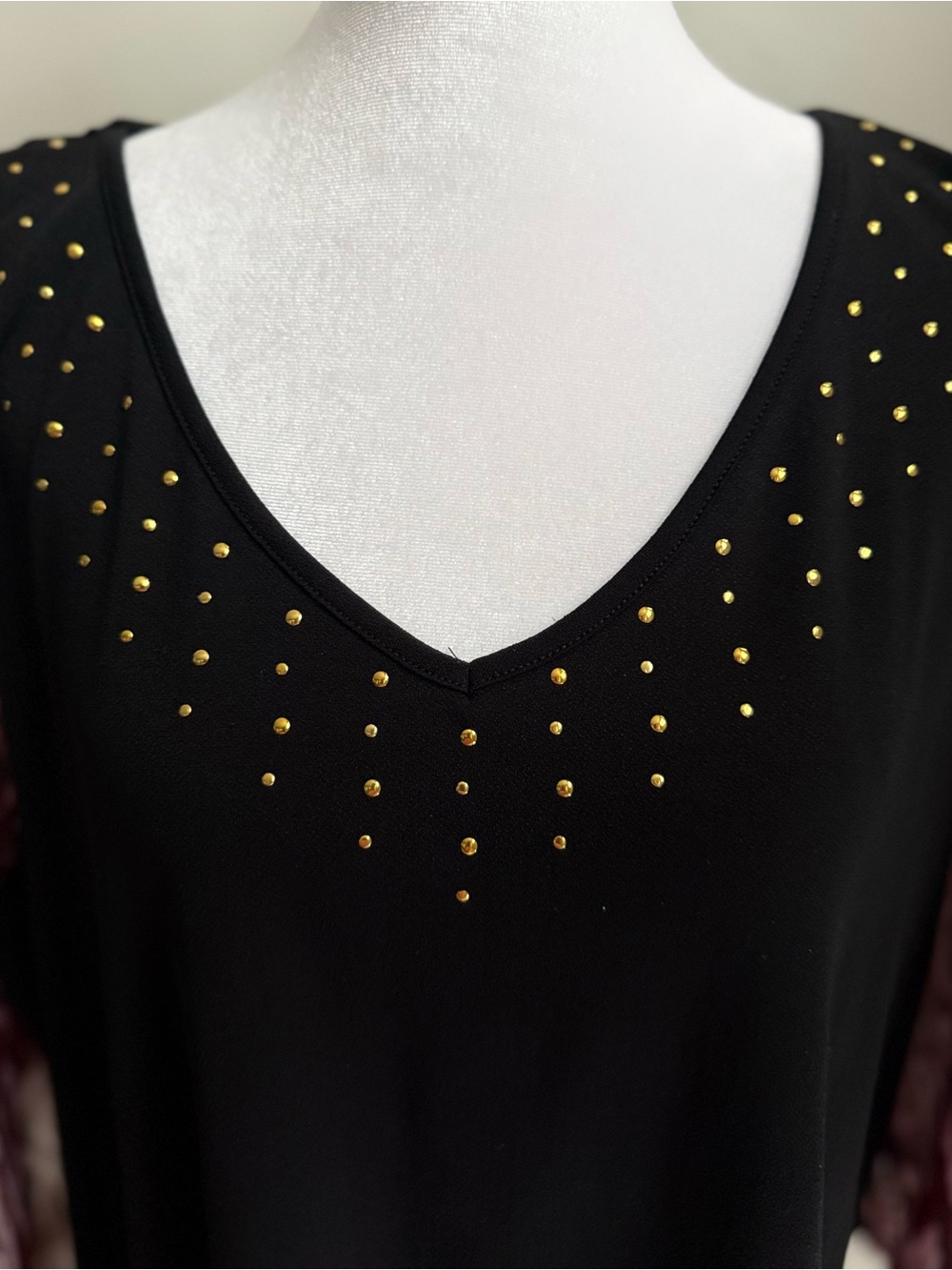 Black V-Neck Blouse with Gold Stud Accents